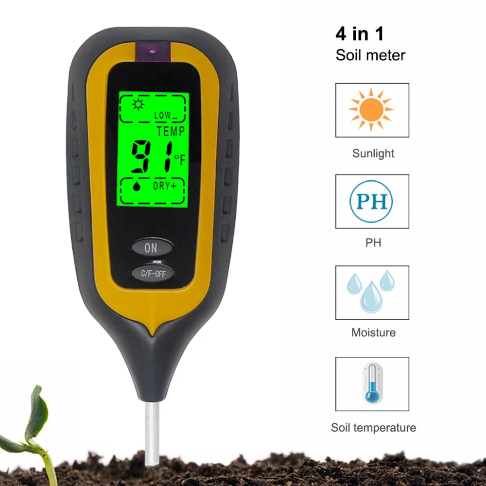 

4 IN 1 Digital Soil PH Meter LCD Moisture Sunlight Temperature PH Tester for Flower Garden Farm Lawn Plant Soil Monitor