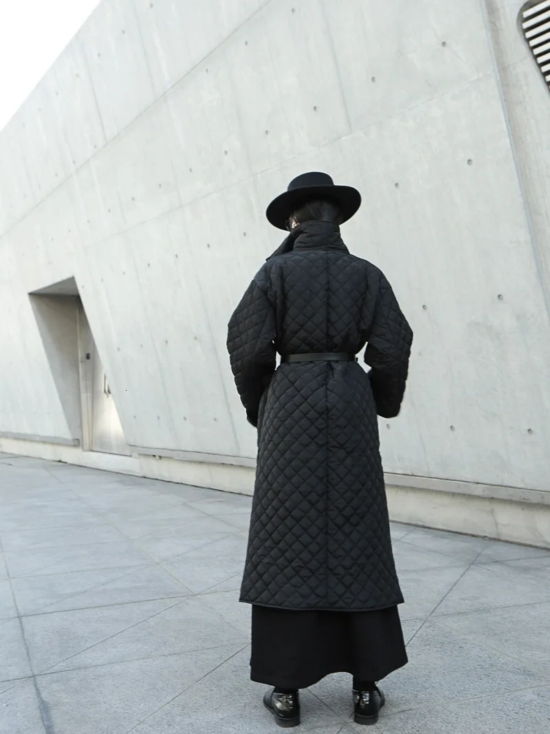 MEVGOHOT женское длинное клетчатое модное черное пальто с высокой талией размера плюс, зимнее осеннее Стеганое пальто с воротником-стойкой HD3312