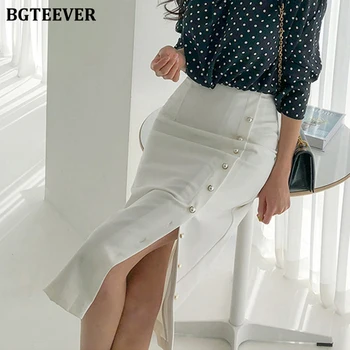 

BGTEEVER 2020 Summer High Waist Office Ladies Pencil Skirts Elegant Single-breasted Hip Packaged Midi Skirts Female Faldas