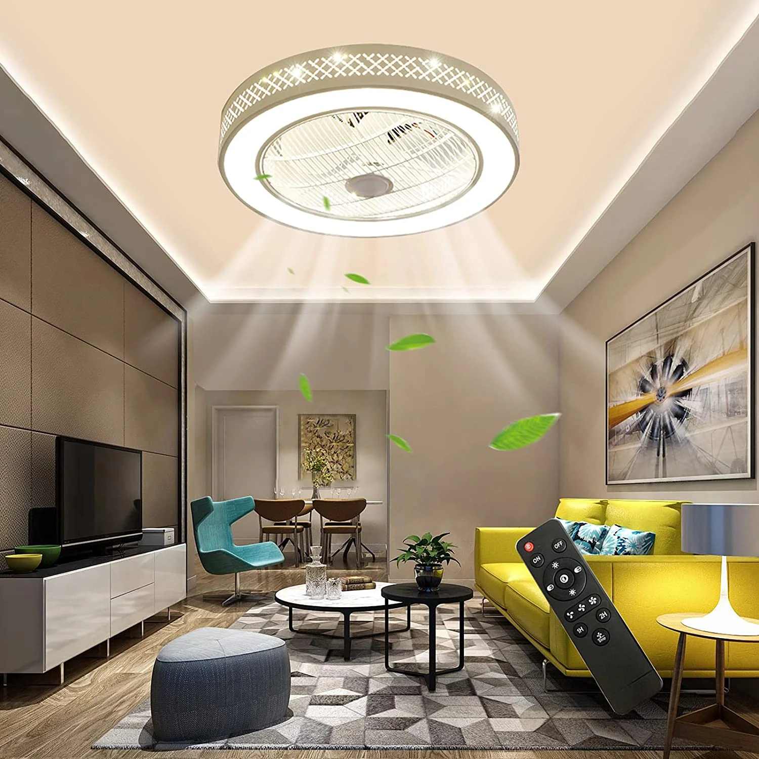 OUKANING ventilador de techo con luz Led, lámpara de rejilla con control  remoto para sala de estar, comedor, cocina|Ventiladores de techo| -  AliExpress