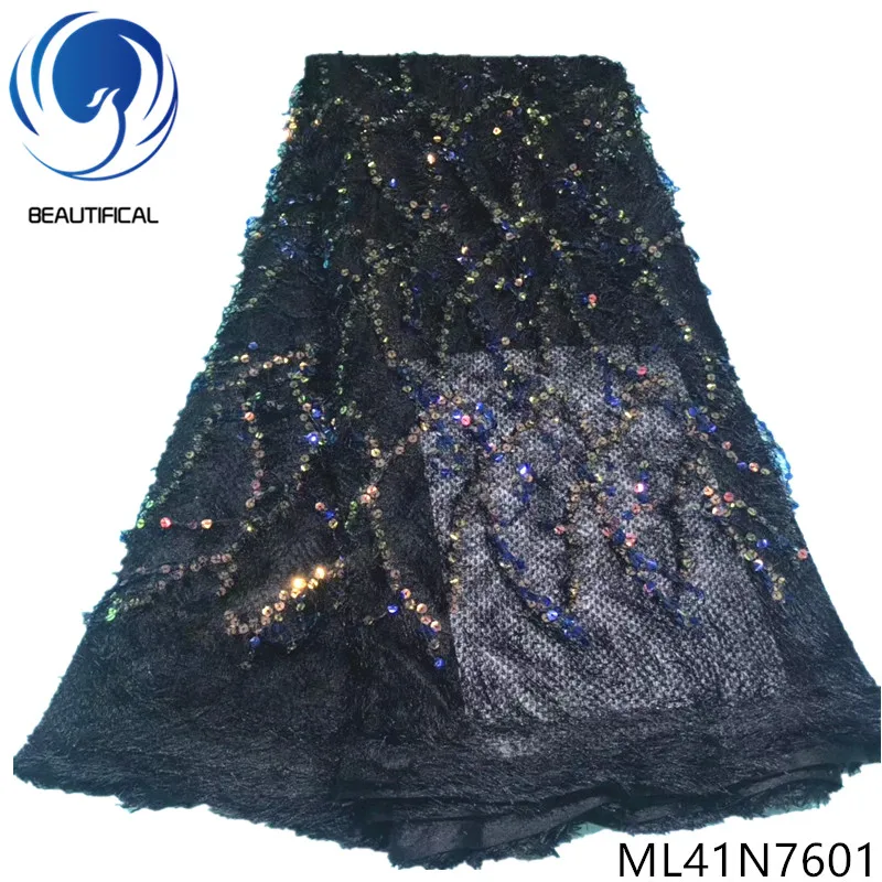 

BEAUTIFICAL african lace fabrics Latest style 3d long wool mesh lace fabric with 3d sequins tassels for women dress ML41N76