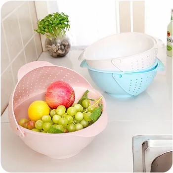 

Creative Three-In-One Fruit Basket Kitchen Storage Container Clamshell Drain Rice Bowl Heightening Vegetable Washing Basket Tray