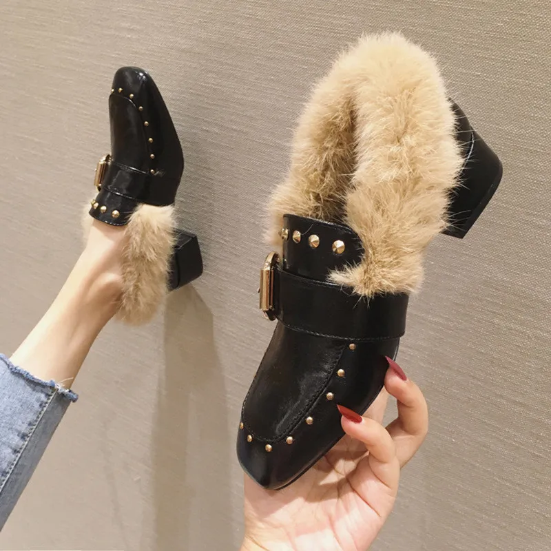 Winter Warm Women Pumps Sexy Square Toe Pu Leather High Heels Shoes Women Autumn Rivets Metal Buckle Faux Fur Pumps Ladies Shoes (7)