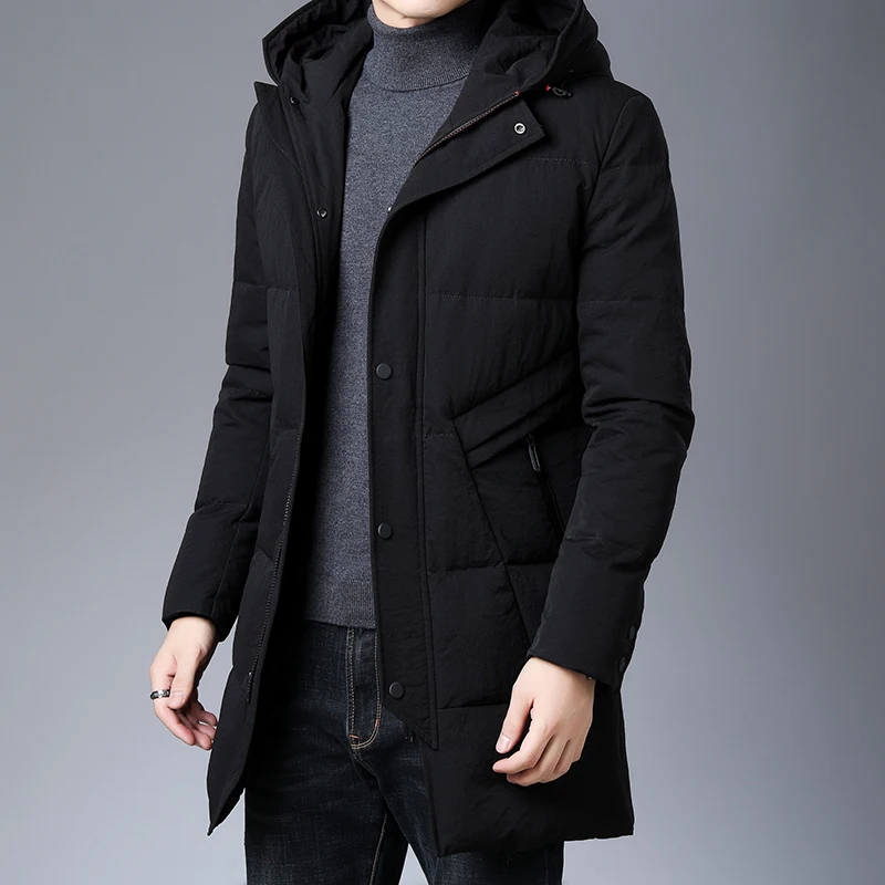 Высший сорт зимний модный брендовый мужской пуховик с капюшоном Длинная уличная пуховая куртка Теплая мужская одежда на утином пуху