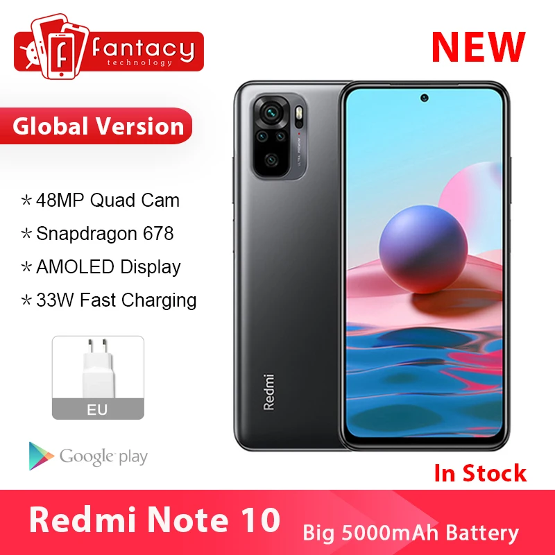 Xiaomi-Smartphone Redmi Note 10, versión Global, Snapdragon 678, Pantalla AMOLED, cámara cuádruple de 48MP, 33W, 4GB, 128GB
