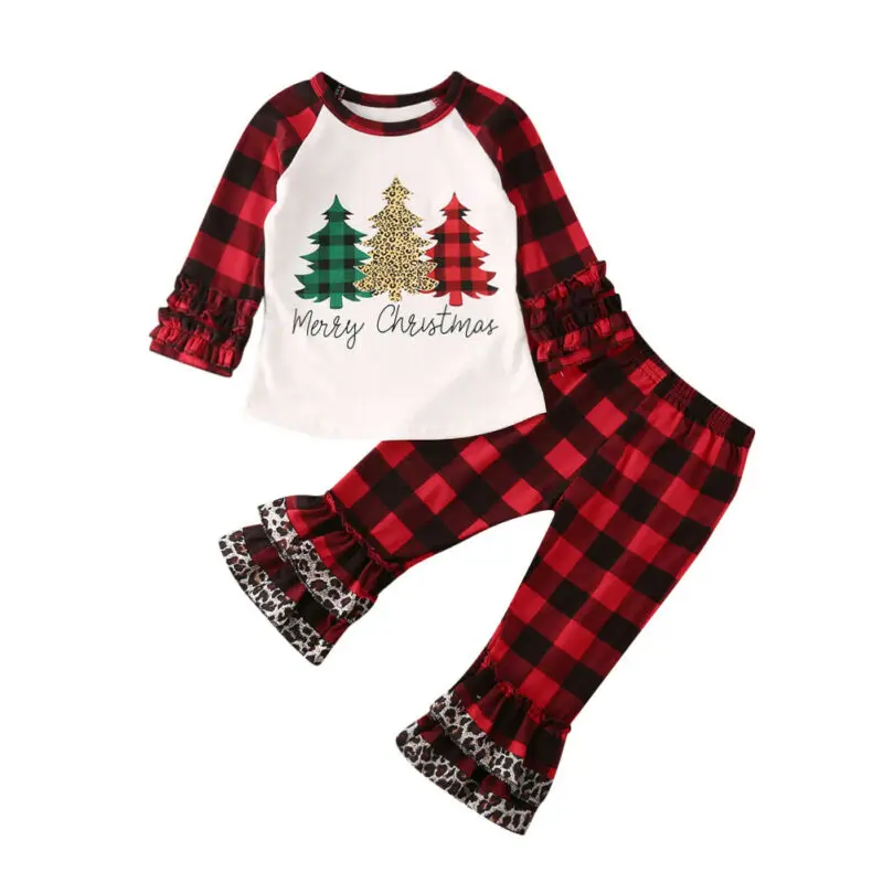 1-5 Years Toddler Xmas Clothes Kids Baby Girl Clothing Merry Christmas Tree Ruffle Tops T-Shirt Red Plaid Pants Set Boys Outfits |