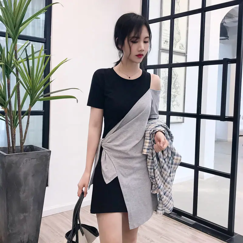 

2021 Women's Summer Dress Temperament New Korean Fashion Lady Slim Short-Sleeves Irregular Splicing MIni Soild Casual DressYM245