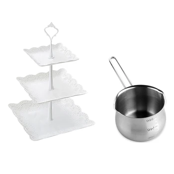 

1Pcs Non-Stick Pan Milk Pot Heating Pot with Pour Spouts & 1Pcs 3 Tier Cupcake Display Stand Dessert Tower Fruit Tray