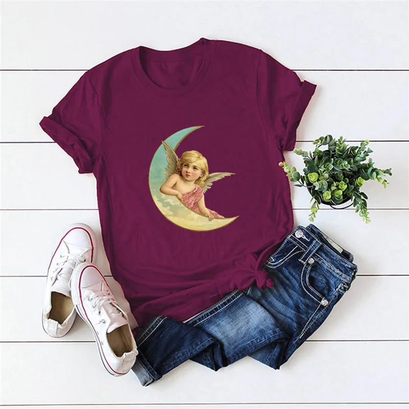 

Summer Women T-Shirt Moon Angel Print Harajuku T Shirt Women Plus Size 100%Cotton TShirt O Neck Short Sleeve Tees S-5XL Tops