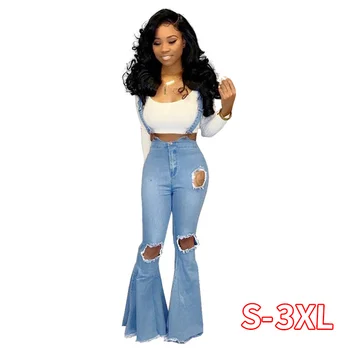 

Casual Flare Ripped Denim Jumpsuit Women Fashion Wide Leg Pant Romper Spaghetti Strap Overalls Pleated Vestidos Female