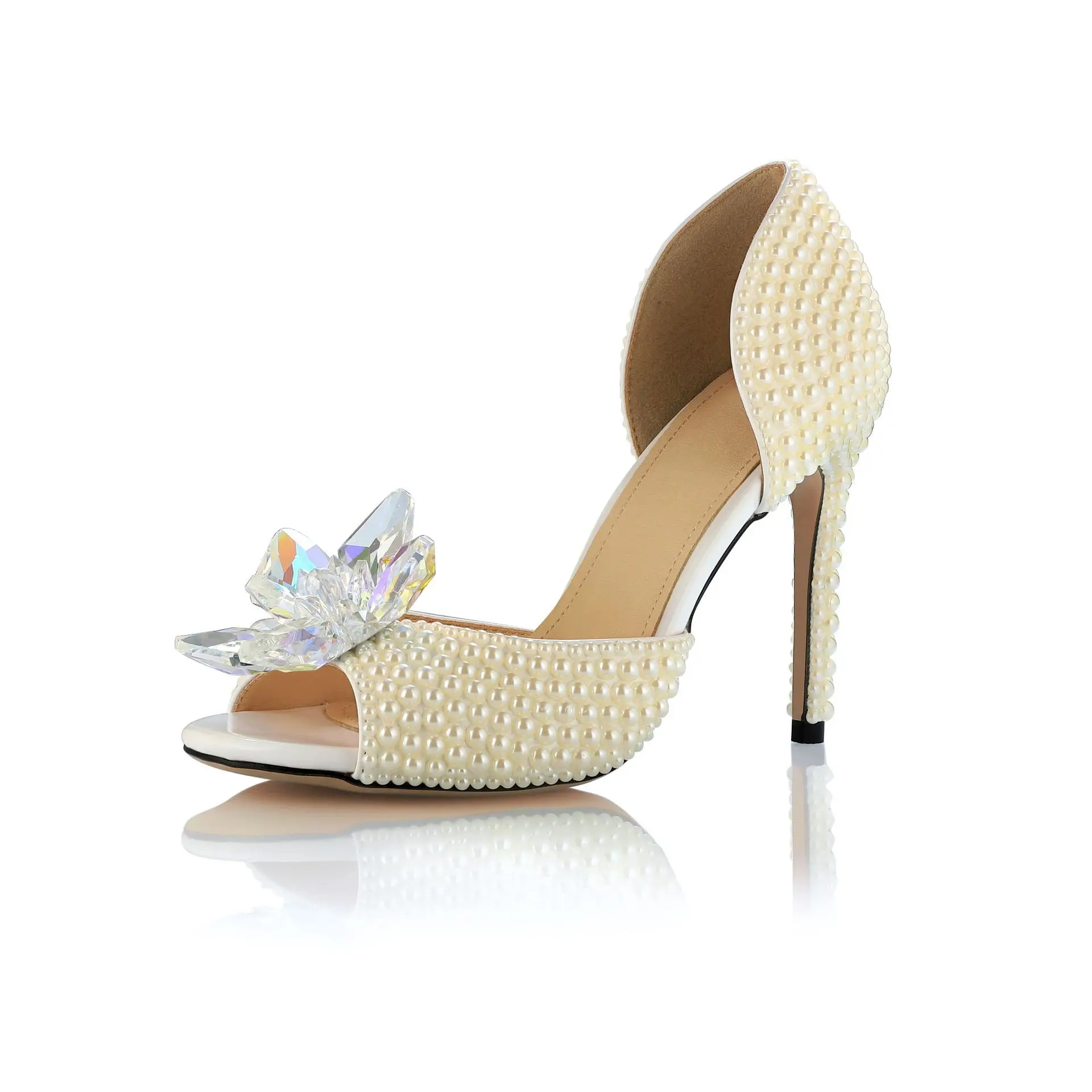 

Ручной работы; Свадебная обувь с украшением в виде жемчужин обувь на плоской подошве с открытым носком; Босоножки для женщин свадебный цветок с кристаллами обувь на высоких каблуках, туфли-лодочки на высоком каблуке; Женская обувь
