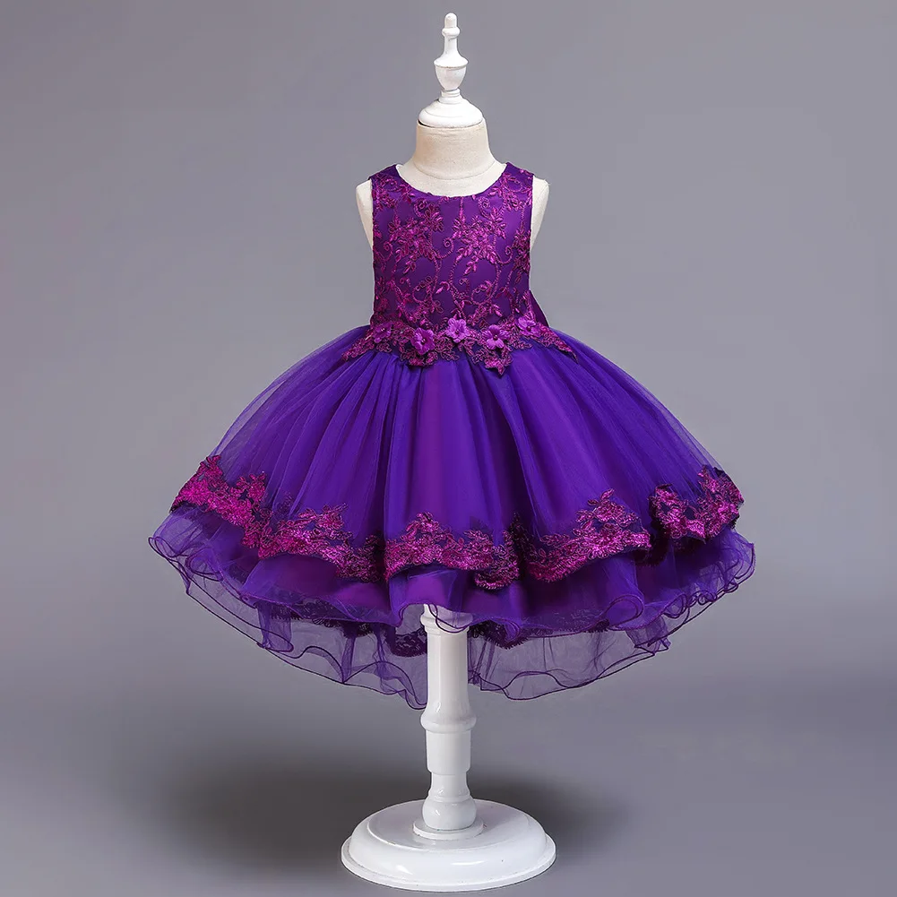 Детские коктейльные платья для девочек от 3 до 11 лет, торжественный Вечерний туалет, многослойное длинное вечернее платье с короткими рукавами спереди для детей - Цвет: Фиолетовый