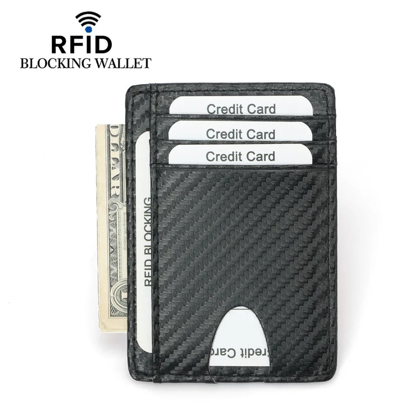 DIENQI тонкий кожаный кредитный держатель для карт мини Тонкий Бизнес id кредитница деньги чехол короткий маленький кошелек для мужчин визитница карман - Цвет: Carbon Fiber Black