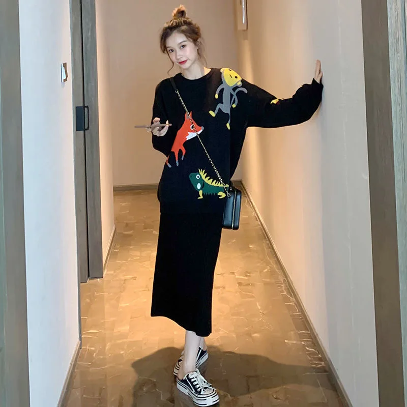 

New Winter Fashion 2 Pcs Women Set O Neck Animal Pattern Print Pullover Knit Sweater + High Waist Hip Solid Skirt Sweet Suit
