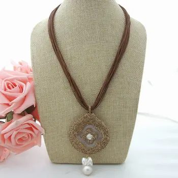 

19'' Brown Thread Necklace Rose Crystal Keshi Pearl Pendant