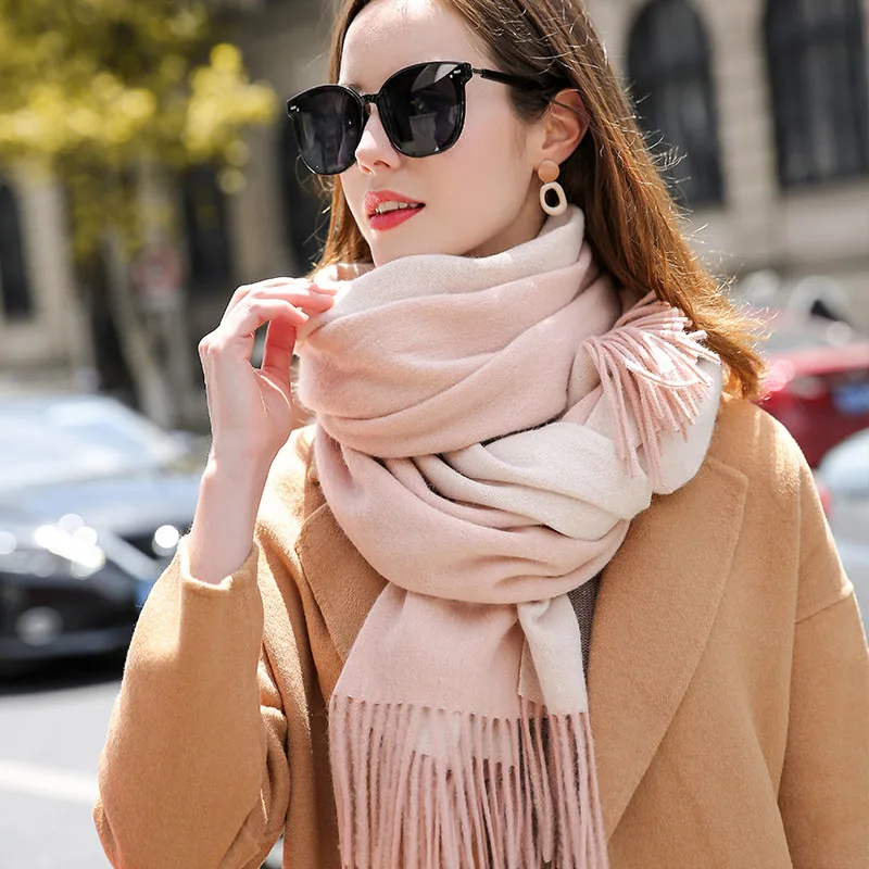 

100% Wool Scarf For Women Luxury Wool Pink Shawls Wraps Thick Warm Winter Cashmere Scarves Ladies Fashion TasselsFoulard Femme