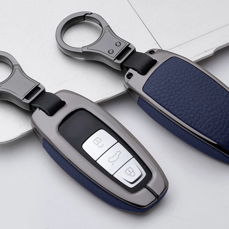 Galvanzed Alloy&Leather Car Key Cover Case For Audi Q8 C8 A6 A7 A8 2018 2019 Auto Styling Holder Protection Shell Accessories