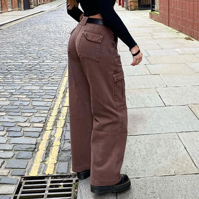 Jeans donna 2021 nuovi pantaloni da donna stile europeo e americano Retro  tasca marrone pantaloni dritti a vita alta pantaloni Casual da donna|Jeans|  - AliExpress