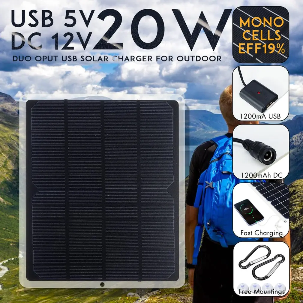 20W 12V Mono Solar Panel USB Battery Charger Power Bank For Mobile Phone Camping