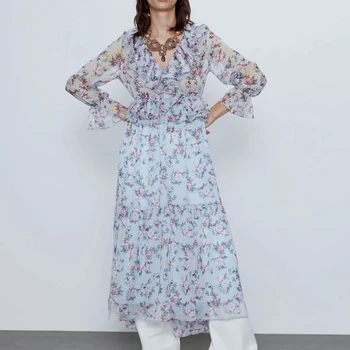 

2020 new women summer floral print dress Semi-sheer ruffle V-neck long sleeves ruffled elastic cuffs Interior lining dresses