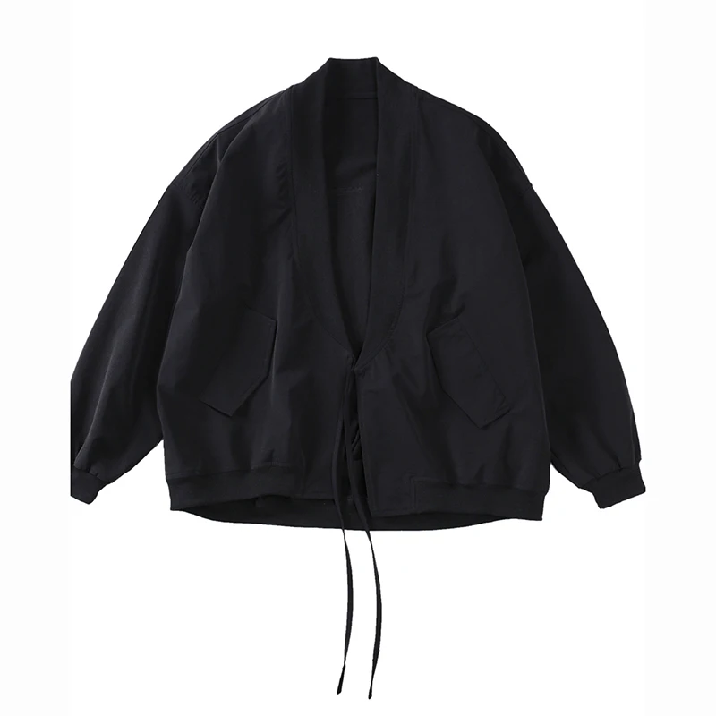 [EAM] Свободная приталенная короткая куртка большого размера с завязками Новое Женское пальто с v-образным вырезом и длинным рукавом модное