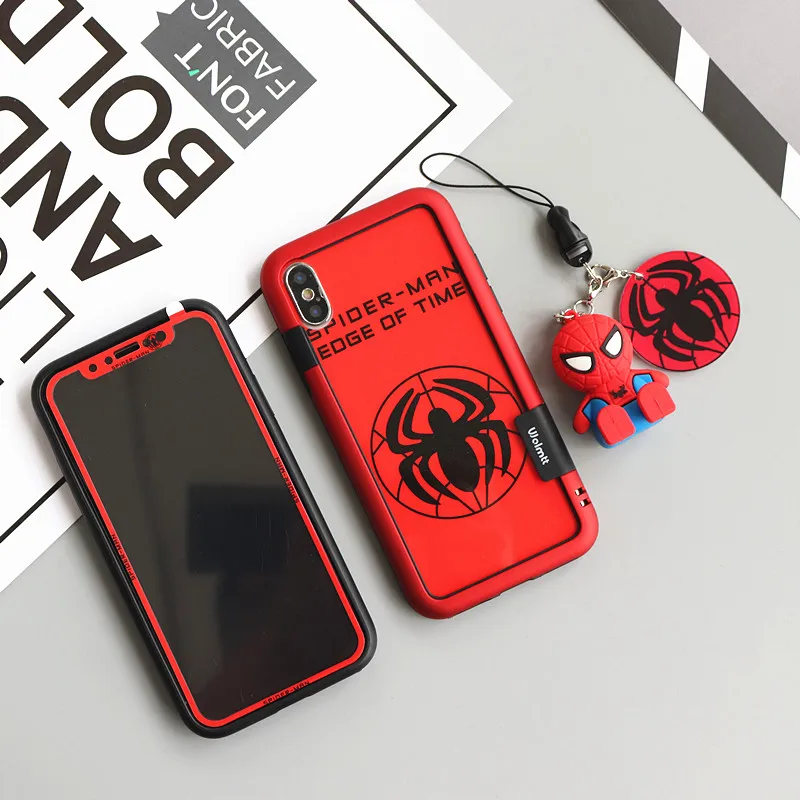 Чехол Спайдермен для iPhone 6 6s plus закаленное стекло задняя Передняя пленка 7/8+ чехол для телефона милый Бэтмен протектор экрана X/XS Max бампер