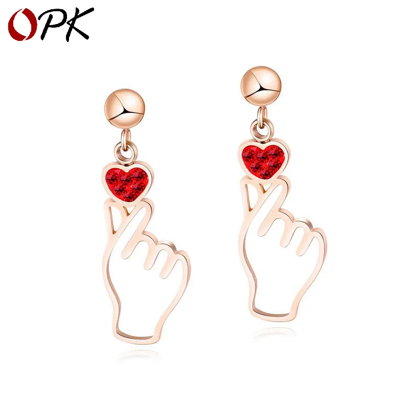 Source-Style Korean-style Stainless Steel Hollow out Finger Heart Earrings Normcore Style Peach Heart Diamond Set Ear Stud