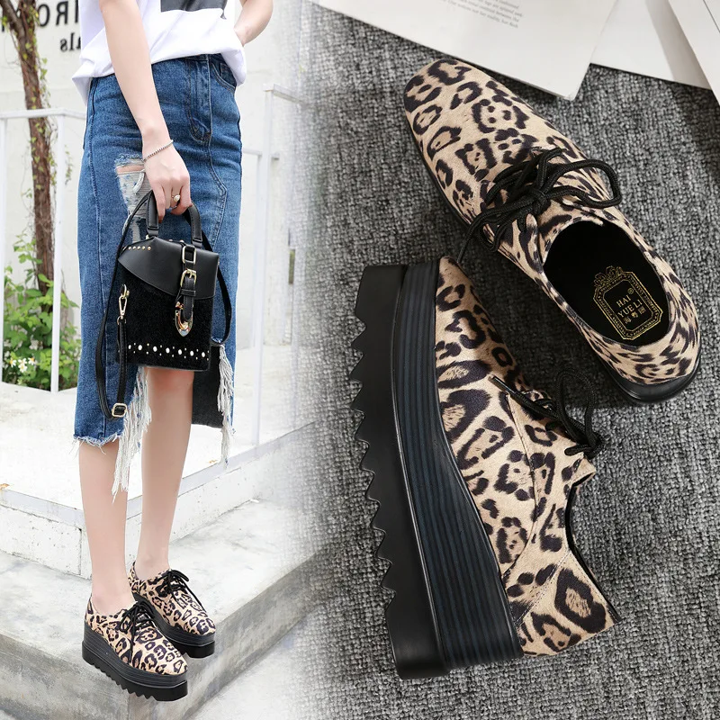 Square Toe leopard female single shoes woman wedges platform brogues creepers japanned leather lace up height increasing flats
