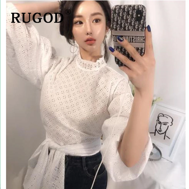 RUGOD элегантные белые открытые женские блузки корейские нерегулярные кружевные офисные женские рубашки корейские новые летние топы женские
