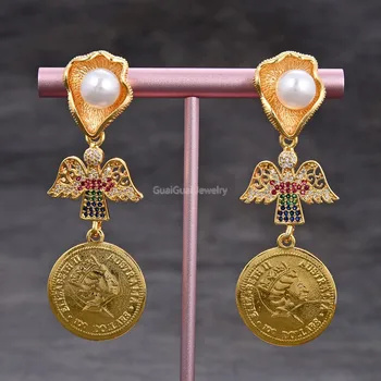 

GG Jewelry White Round Shell Pearl Eagle Cz Pave Insect Gold Plated Queen Coin Dangle Stud Earrings