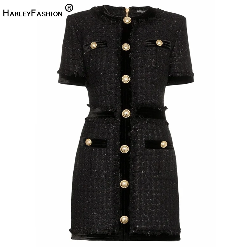 HarleyFashion Luxury Design Women Chic Stylish Short Sleeve Buttons Tweed Straight Mini Skinny Dress Tassel Patchwork Dresses