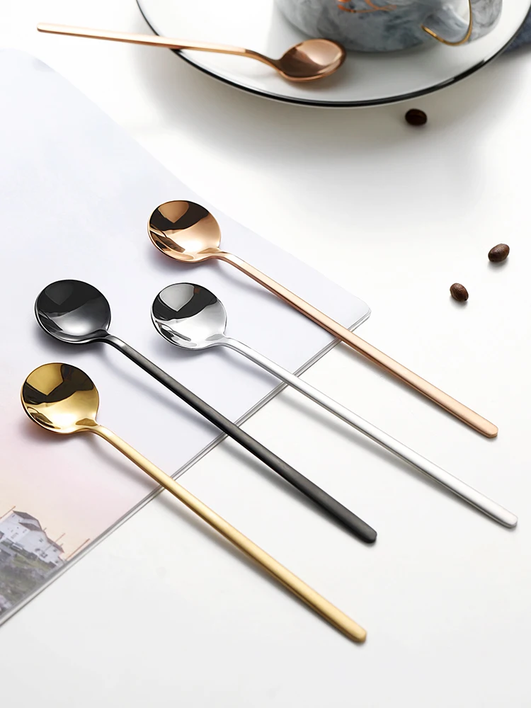 Cuchara de café pequeña para Yogurt, cubertería de mango largo, cuchara de té redonda de acero inoxidable para Cocina