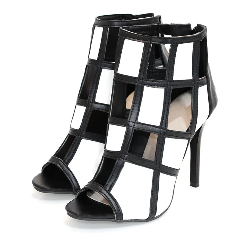 Fashion Peep Toe Ankle Boots Hollow Checked Modern Shoes Spring Summer Open High Heel Booty Big Size 43 Back Zipper | Обувь