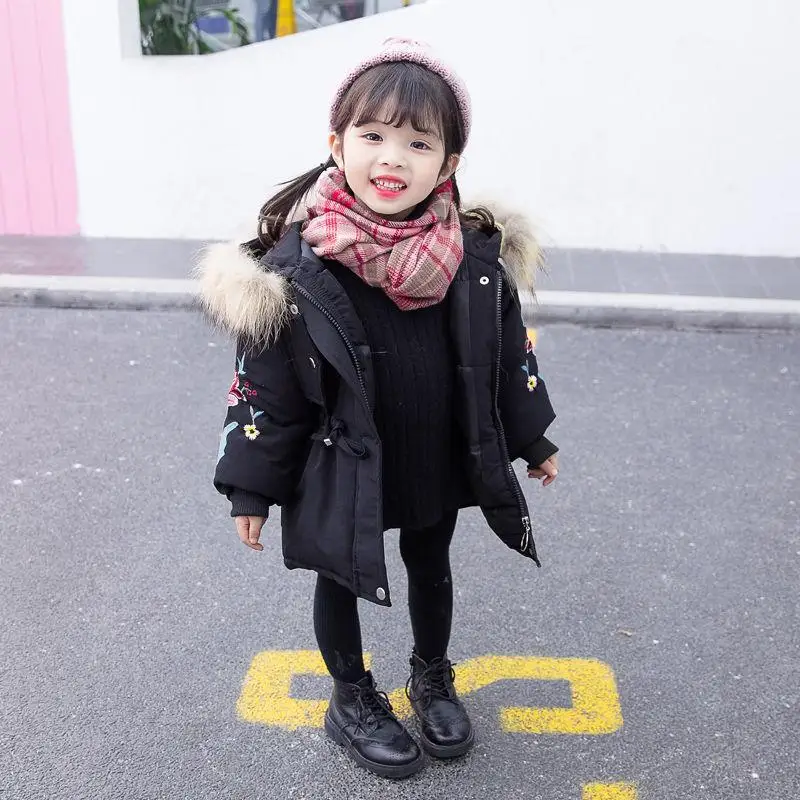 black New Winter Fashion Girls Clothing Thick Warm Down Cotton Jacket Children Fur Collar Hooded Coat Embroidery Kids Clothes V03 - Цвет: black