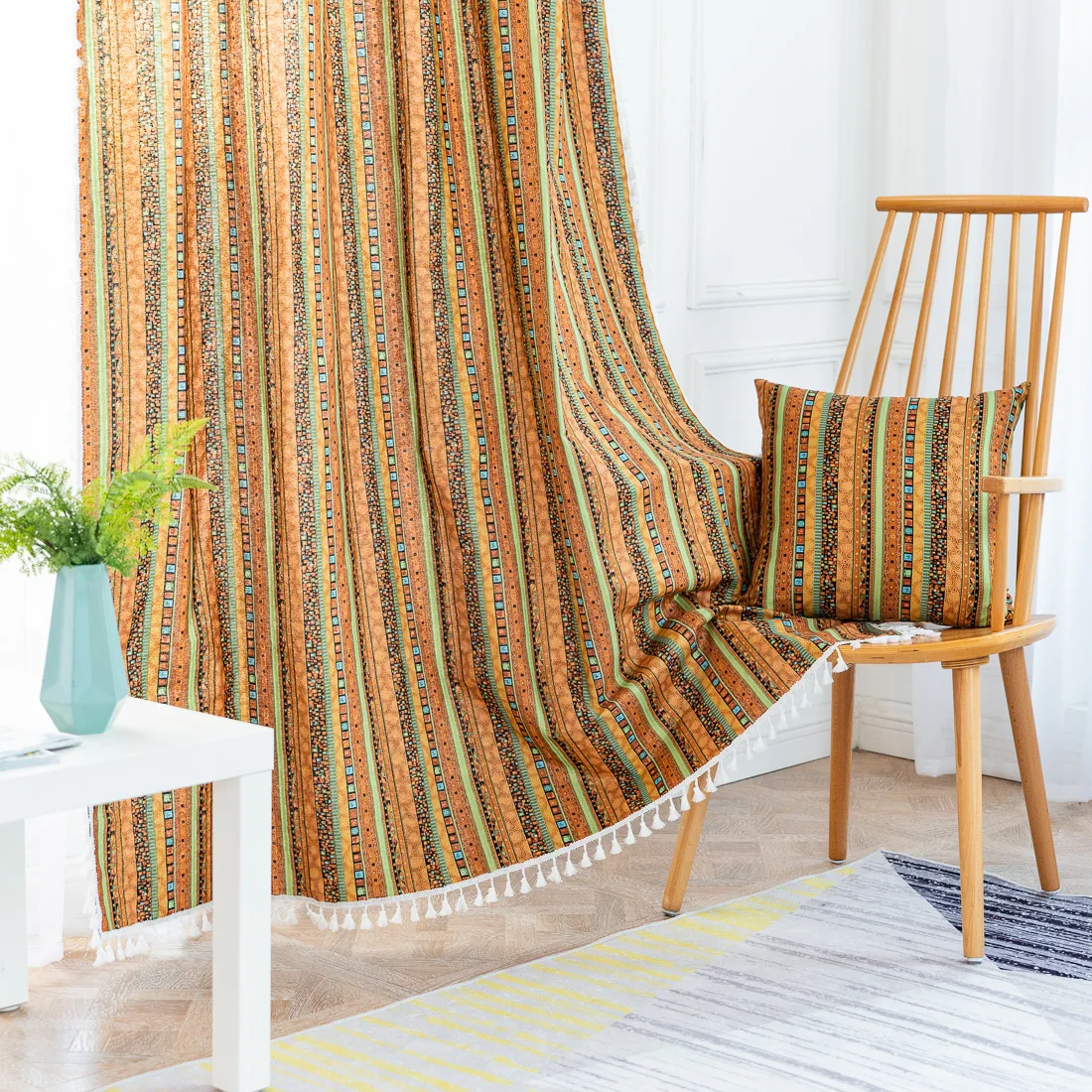 

Bohemia Style Stripes Printed High Blackout Cotton Door Curtain with Tassel for Home Decor Living Room Window Decoration