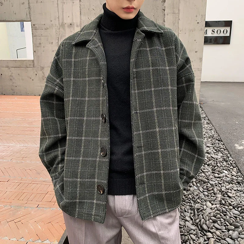 Autumn Woolen Jacket Men's Fashion Retro Casual Woolen Coat Men Streetwear Wild Loose Plaid Jacket Overcoat Male Clothes - Цвет: green