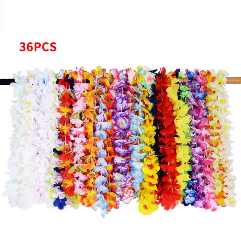 

36 Counts Hawaiian Flower Leis Artificial Floral Necklace Garland Vibrant Colors Assortment Luau Dance Party Favors Decorations