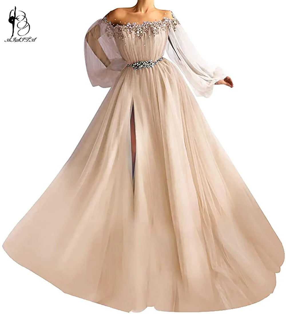 white evening gowns Sexy Slit Chiffon Long Evening Dresses 2022 Women Formal Gowns Lantern Sleeves Prom Gowns For Party Flowers Vestidos De Fiesta plus size formal wear