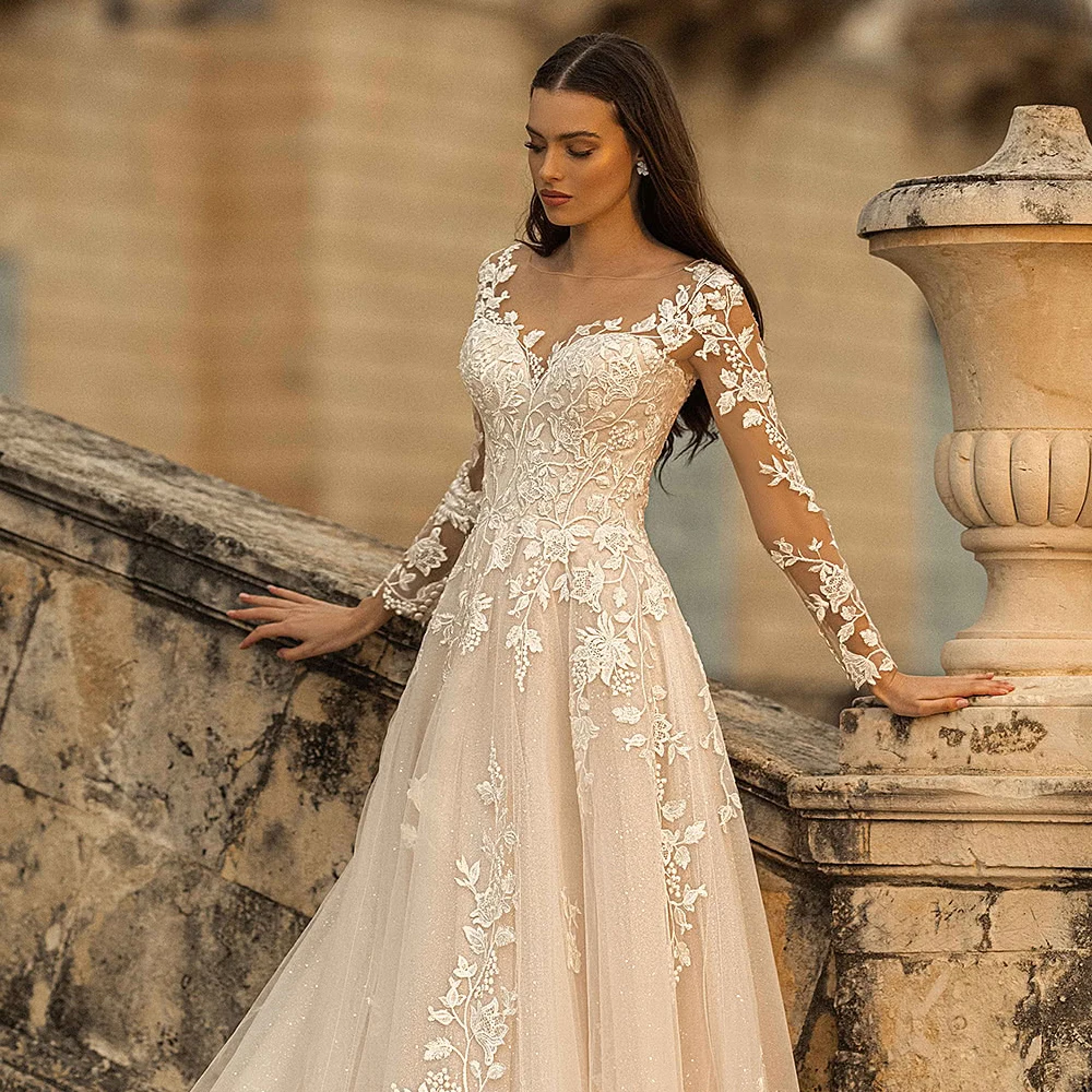 ADLN Charming Long Sleeves Wedding Gown Sheer Neck A-line Champagne Lace Bridal Dress New  Dresses Vestido de Novia 5
