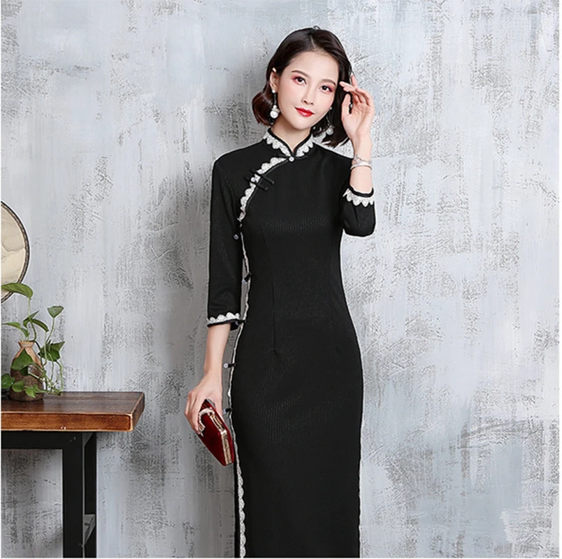 Платье с длинными рукавами, черное, модифицированное, версия cheongsam girl, было тонким, ретро, китайское, стильное, темпераментное платье, тонкое, длинное, Qipao платье
