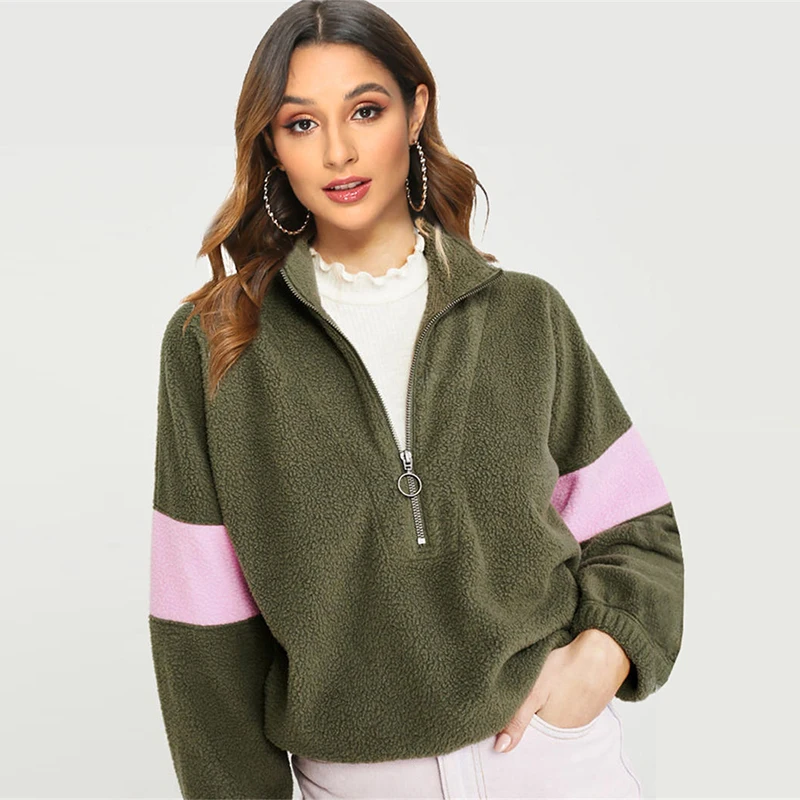 

Patchwork Casual Hoodies Women Autumn Stand Collar Zipper Fashion Sweatshirt Fleece Long Sleeve Plus Size Warm Sudadera Mujer