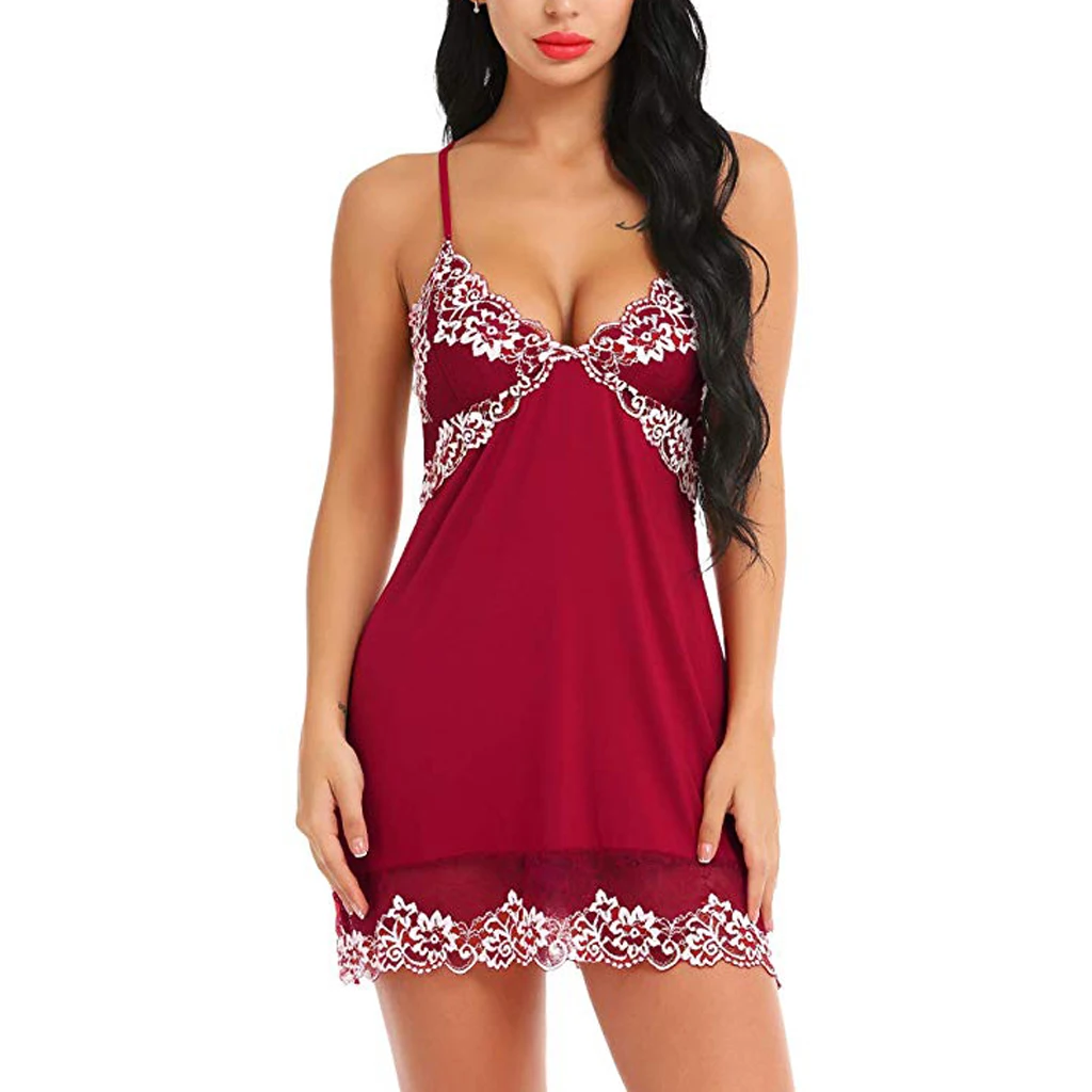 Negligee Red Sexy Lingerie Women Lace Silk Sleepwear Babydolls Underwear Sleeveless Backless V Neck Nightdress