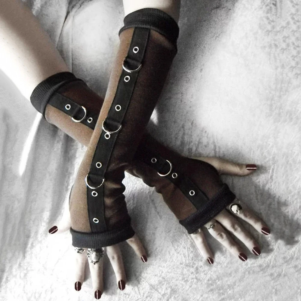 Punk Women Arm Sleeves Metal D-ring Fingerless Gloves Arm Warmer Sleeves with Thumb Hole Arm Warmers with Thumb Hole Fingerless