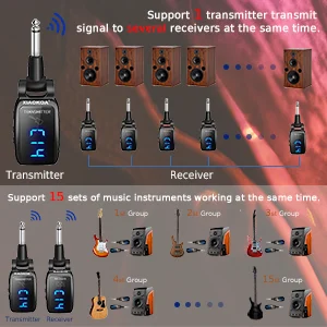 XIAOKOA Wireless Guitar System Rechargeable Upgrated LED Screen 15 Channels UHF Wireless Guitar Transmitter Receiver For Electri podcast microphone