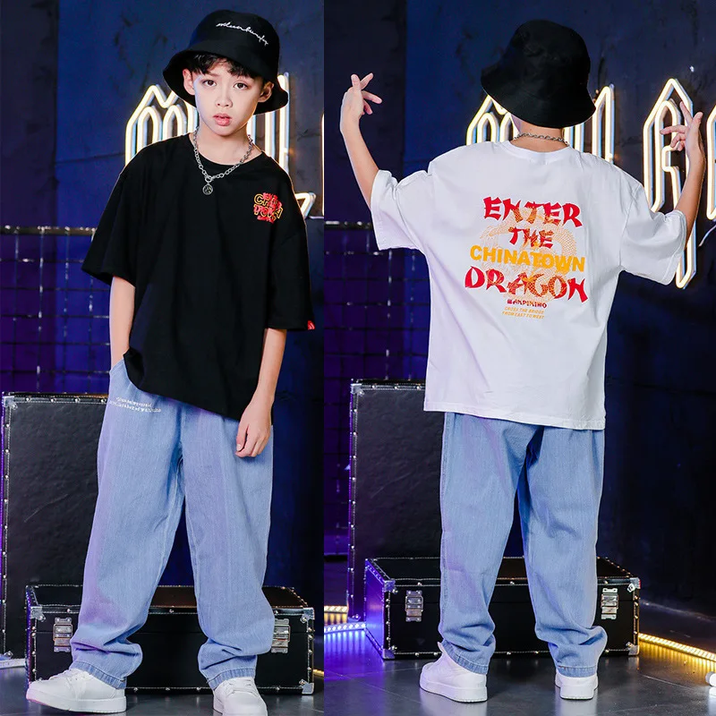 

BOY'S Hip Hop Hip Hop Performance Set Girls Jazz Performance Wear Children Handsome Short Sleeve Jeans Dancing Dress