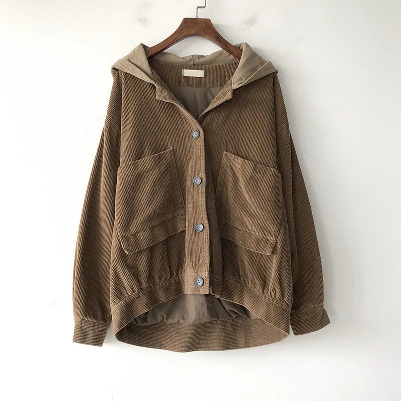 discount  Loose casual Corduroy Jackets Women Long Sleeve Solid color Jacket Coat Women Hooded Corduroy coat 