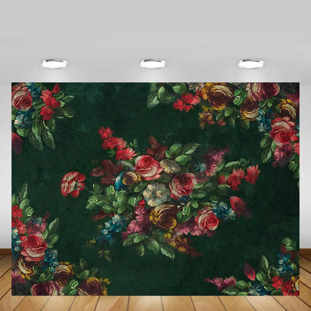 

Mehofond Dreamy Floral Backdrop Painting Vintage Dark Green Flower Baby Portrait Photography Background Photo Studio Photophone