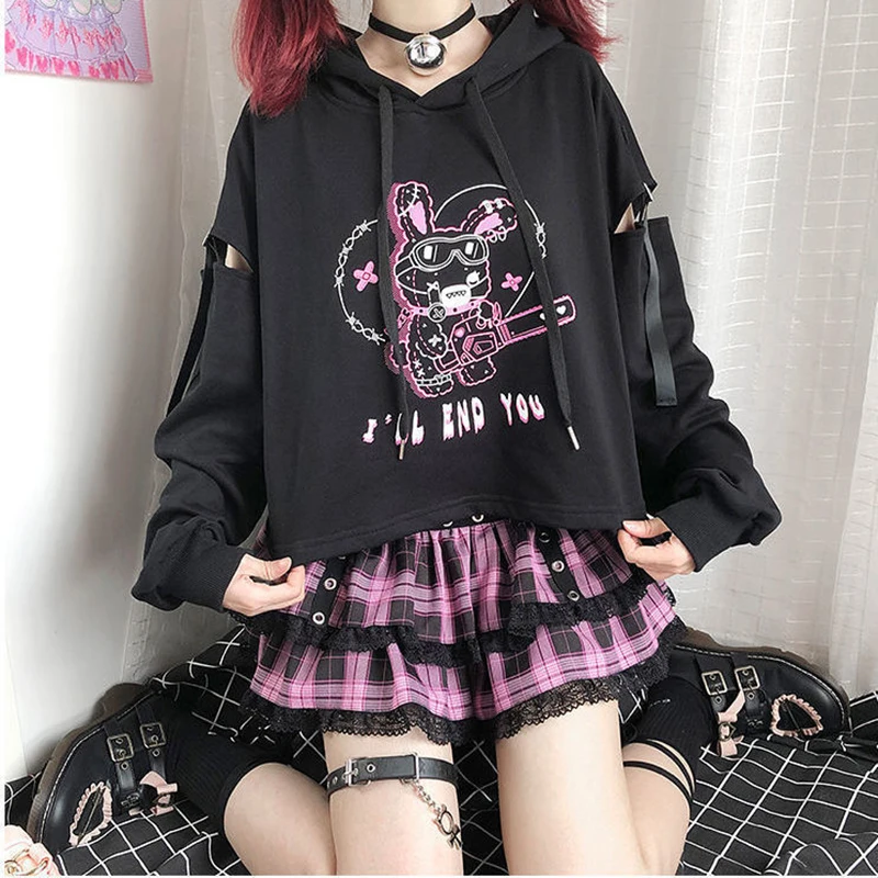 

Hoodie bunny print Women Harajuku Kpop Gothic punk Autumn Winter Kawaii Sweatshirt Hoody Female Aesthetic tee black худи grunge