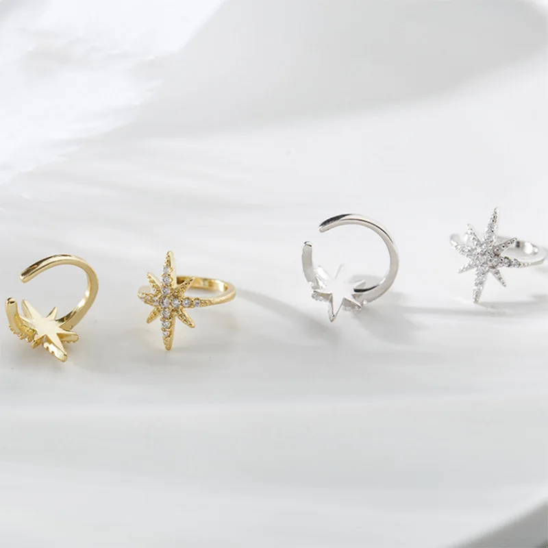 

925 Sterling Silver Star Clip Earrings for Women Girls Occident Style Blingbling Punk Style Ear Cuff Femme Jewelry Accessories