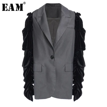 

[EAM] Women Gray Velvet Ruffle Split Big Size Blazer New Lapel Long Sleeve Loose Fit Jacket Fashion Spring Autumn 2020 1Y719